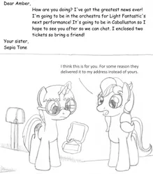 Size: 812x925 | Tagged: artist:dsb71013, clover (g1), comic, derpibooru import, g1, letter, mailbox, monochrome, my little pony tales, oc, oc:amber spark, safe, unofficial characters only