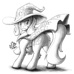 Size: 1000x1000 | Tagged: safe, artist:blue-paint-sea, derpibooru import, trixie, pony, butt, cape, clothes, grayscale, hat, looking back, monochrome, plot, raised hoof, solo, trixie's cape, trixie's hat