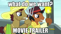 Size: 1280x720 | Tagged: safe, derpibooru import, edit, edited screencap, screencap, beuford, mccree, pony, appleoosa's most wanted, my little pony: the movie, angry mob, background pony, caption, hat, hoof hold, image macro, meme, pitchfork, text, torch