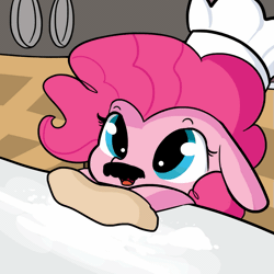 Size: 949x949 | Tagged: safe, artist:tjpones, derpibooru import, edit, editor:dsp2003, part of a set, pinkie pie, pony, animated, chef's hat, cute, daaaaaaaaaaaw, diapinkes, dough, eye shimmer, facial hair, female, floppy ears, flour, gif, hat, moustache, open mouth, pasta pie, smiling, solo, textless, upsies, weapons-grade cute