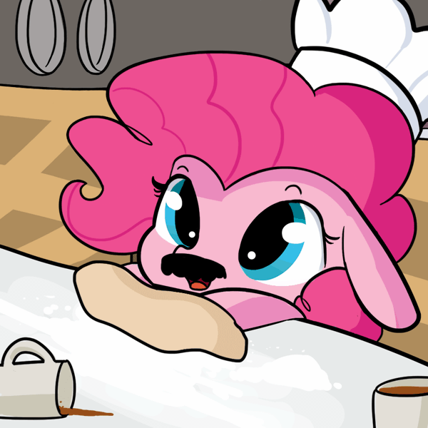 Size: 949x949 | Tagged: safe, artist:tjpones, derpibooru import, edit, editor:dsp2003, pinkie pie, animated, caffeine, chef's hat, coffee, coffee cup, cup, cute, dialogue, diapinkes, dough, extreme speed animation, eye shimmer, facial hair, floppy ears, flour, gif, hat, hyperactive, moustache, open mouth, pasta pie, pinkie found the coffee, seizure warning, smiling, solo, textless, upsies, wat, weapons-grade cute