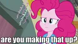 Size: 1904x1090 | Tagged: safe, derpibooru import, edit, edited screencap, screencap, pinkie pie, equestria girls, equestria girls (movie), caption, image macro, meme, reaction image, solo, text, unamused