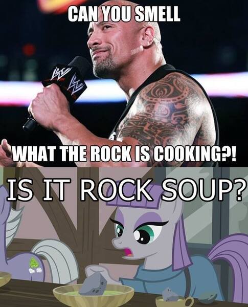 Size: 625x773 | Tagged: safe, derpibooru import, edit, edited screencap, screencap, boulder (pet), limestone pie, maud pie, earth pony, human, pony, hearthbreakers, caption, clothes, cutie mark, dwayne johnson, female, food, image macro, irl, meme, microphone, photo, rock, rock farm, rock soup, soup, sports, tattoo, text, text edit, the rock, wrestling, wwe