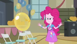 Size: 1904x1090 | Tagged: safe, derpibooru import, screencap, pinkie pie, equestria girls, equestria girls (movie), angry, balloon, bracelet, chair, clothes, corn, food, jewelry, pumpkin, skirt, solo