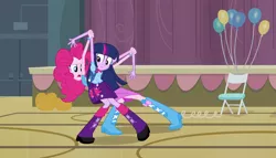 Size: 1904x1090 | Tagged: safe, derpibooru import, screencap, pinkie pie, twilight sparkle, equestria girls, equestria girls (movie), backpack, balloon, boots, bracelet, chair, clothes, high heel boots, jewelry, pumpkin, shoes, skirt