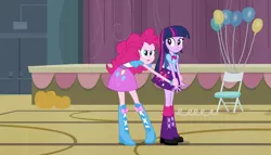 Size: 1904x1090 | Tagged: safe, derpibooru import, screencap, pinkie pie, twilight sparkle, equestria girls, equestria girls (movie), backpack, balloon, boots, bracelet, chair, clothes, high heel boots, jewelry, pumpkin, shoes, skirt