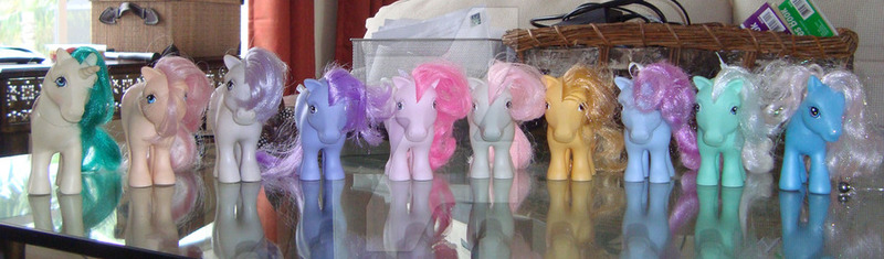 Size: 900x264 | Tagged: artist:faerie-starv, blossom, blue belle, butterscotch (g1), collection, cotton candy (g1), derpibooru import, dream blue, g1, g3, gusty, irl, minty (g1), peachy, photo, safe, snuzzle, square crossover, toy, watermark