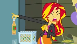 Size: 1904x1090 | Tagged: safe, derpibooru import, screencap, sunset shimmer, equestria girls, equestria girls (movie), apple cider, balloon, cider, clothes, corn, disgusted, exploitable meme, food, jacket, leather jacket, meme, meme origin, skirt, sunset is disgusted, tongue out