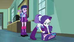 Size: 1904x1090 | Tagged: safe, derpibooru import, screencap, rarity, spike, twilight sparkle, dog, equestria girls, equestria girls (movie), backpack, bag, book, boots, bowtie, bracelet, clothes, eyes on the prize, high heel boots, jewelry, shoes, skirt, spike the dog, television