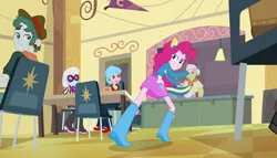 Size: 1904x1090 | Tagged: safe, derpibooru import, screencap, bright idea, granny smith, photo finish, pinkie pie, scott green, equestria girls, equestria girls (movie), balloon, boots, chair, clothes, helping twilight win the crown, high heel boots, shoes, skirt, wondercolts uniform