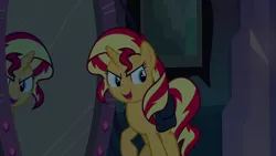 Size: 640x360 | Tagged: safe, derpibooru import, screencap, sunset shimmer, pony, unicorn, equestria girls, equestria girls (movie), bag, magic mirror, mirror, saddle bag, solo