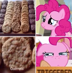 Size: 479x480 | Tagged: safe, derpibooru import, pinkie pie, earth pony, pony, :<, chef's hat, cookie, female, floppy ears, food, glare, hat, mare, meme, oatmeal, oatmeal are you crazy, oats, obligatory pony, smiling, solo, stock image, text, triggered
