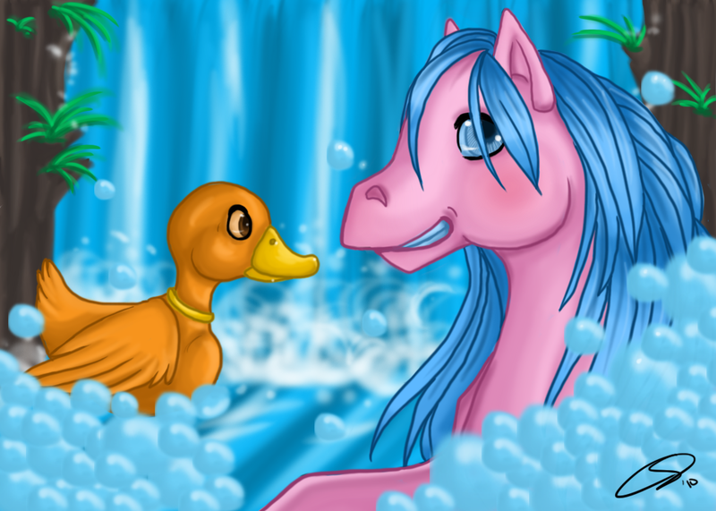 Size: 1050x750 | Tagged: artist:cyzzane, bird, bubble, derpibooru import, duck, duck soup, g1, safe, sprinkles (g1), waterfall