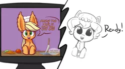 Size: 1280x711 | Tagged: applejack, apron, artist:heir-of-rick, carrot, chef's hat, chest fluff, clothes, cooking, cooking show, cute, daily apple pony, derpibooru import, dialogue, ear fluff, food, hat, impossibly large ears, knife, oc, ocbetes, oc:brownie bun, safe, style emulation, television, this will end in fire, this will end in tears, this will end in tears and/or breakfast, tomato, xk-class end-of-the-kitchen scenario