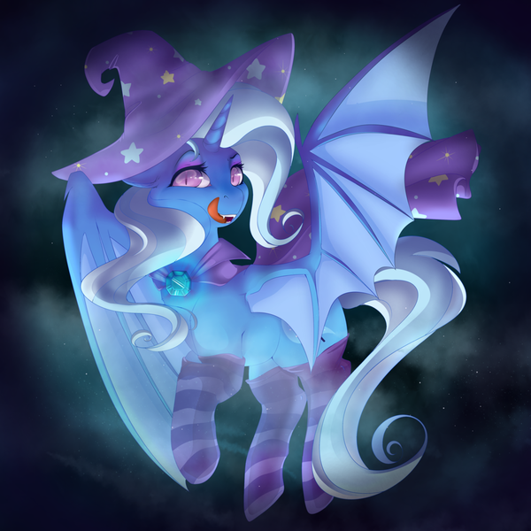 Size: 1024x1024 | Tagged: safe, artist:csox, derpibooru import, trixie, alicorn, bat pony, bat pony alicorn, pony, bat wings, cape, clothes, hat, horn, race swap, socks, solo, striped socks, trixie's cape, trixie's hat, wings