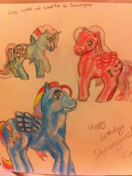 Size: 1936x2592 | Tagged: safe, artist:candy-bang, derpibooru import, fizzy, locket (g1), sweet pop (g1), pony, birthday gift art, g1, traditional art