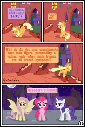 Size: 3254x4837 | Tagged: safe, artist:gutovi, derpibooru import, applejack, fluttershy, pinkie pie, rarity, twilight sparkle, twilight sparkle (alicorn), alicorn, bat pony, pony, comic:why me!?, absurd resolution, bat ponified, comic, dirty talk, flutterbat, freckles, golden oaks library, i am an adult, i need an adult, implied applepie, implied appleshy, implied lesbian, implied rarijack, implied shipping, implied twijack, race swap, the ass was fat