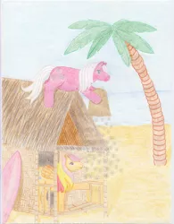 Size: 3805x4886 | Tagged: absurd resolution, artist:flicksi, beach, colored pencil drawing, derpibooru import, g1, house, palm tree, pencil drawing, safe, sea breeze, snowflake (g1), surfboard, traditional art, tree, tropical ponies, tropical pony