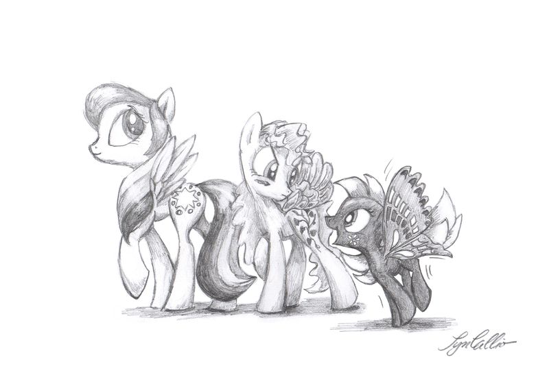 Size: 2709x1853 | Tagged: artist:syncallio, buzzer (g1), derpibooru import, g1, g1 to g4, generation leap, morning glory, pencil drawing, race swap, safe, starshine, summer wing ponies, traditional art