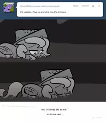 Size: 666x768 | Tagged: artist:egophiliac, cartographer's cap, derpibooru import, eyes closed, female, filly, goop, grayscale, hat, monochrome, moonstuck, princess luna, prone, sad, safe, smooze, solo, tumblr, tumblr comic, woona, younger