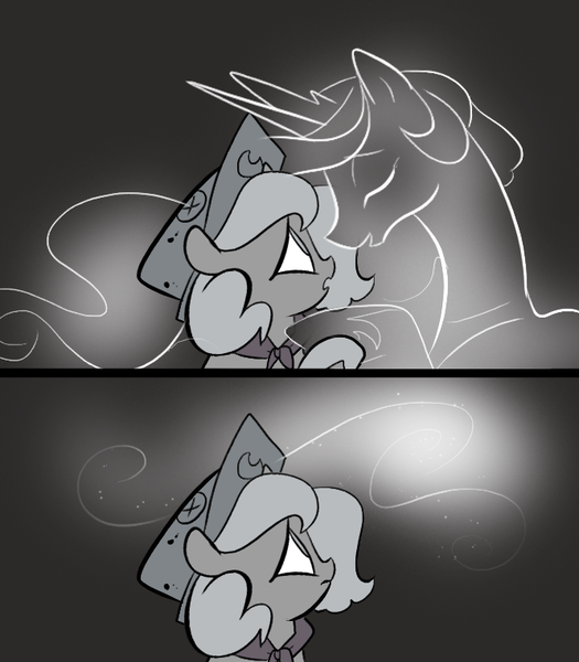 Size: 666x761 | Tagged: artist:egophiliac, cartographer's cap, derpibooru import, female, filly, hat, marauder's mantle, monochrome, moonstuck, neo noir, partial color, princess celestia, princess luna, sad, safe, spiritlestia, tumblr, tumblr comic, woona, younger