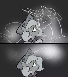 Size: 666x761 | Tagged: artist:egophiliac, cartographer's cap, derpibooru import, female, filly, hat, marauder's mantle, monochrome, moonstuck, neo noir, partial color, princess celestia, princess luna, sad, safe, spiritlestia, tumblr, tumblr comic, woona, younger