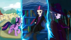 Size: 1366x768 | Tagged: safe, artist:mrasianhappydude, derpibooru import, twilight sparkle, twilight sparkle (alicorn), alicorn, equestria girls, elf ears, multeity, staff, witch