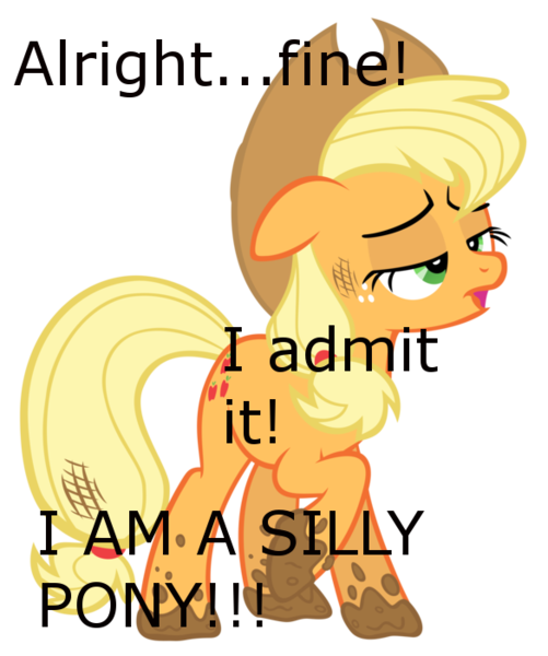 Size: 585x700 | Tagged: safe, derpibooru import, applejack, pony, silly, silly pony, text, who's a silly pony