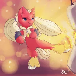 Size: 3000x3000 | Tagged: safe, artist:bean-sprouts, derpibooru import, ponified, blaziken, pony, bipedal, crossover, fire, kick, pigtails, pokémon, punching bag, solo