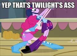 Size: 828x600 | Tagged: suggestive, derpibooru import, edit, edited screencap, screencap, pinkie pie, twilight sparkle, equestria girls, equestria girls (movie), backpack, balloon, boots, bracelet, caption, clothes, eyes on the prize, image macro, jewelry, leg warmers, meme, pumpkin, shoes, skirt, text, vulgar