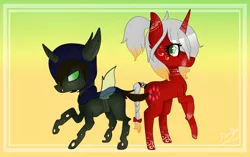 Size: 1716x1080 | Tagged: safe, artist:shizuka-kiyoko, derpibooru import, oc, oc:crimson (ice1517), oc:espio, unofficial characters only, changeling, pony, unicorn, armor, changeling oc, face tattoo, female, male, mare, ponytail, raised hoof, tattoo