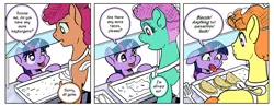 Size: 1200x464 | Tagged: safe, artist:muffinshire, derpibooru import, twilight sparkle, pony, unicorn, comic:twilight's first day, apron, clothes, comic, dialogue, disgusted, female, filly, filly twilight sparkle, floppy ears, food, hairnet, looking at each other, looking down, looking up, open mouth, preview, quesadilla, smiling, sneak peek, spatula, they're just so cheesy, tongue out, wip, younger