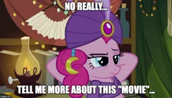 Size: 880x500 | Tagged: caption, derpibooru import, edit, edited screencap, image macro, it's about time, madame pinkie, meme, meta, my little pony: the movie, pinkie pie, raised eyebrow, safe, screencap, solo, text, turban