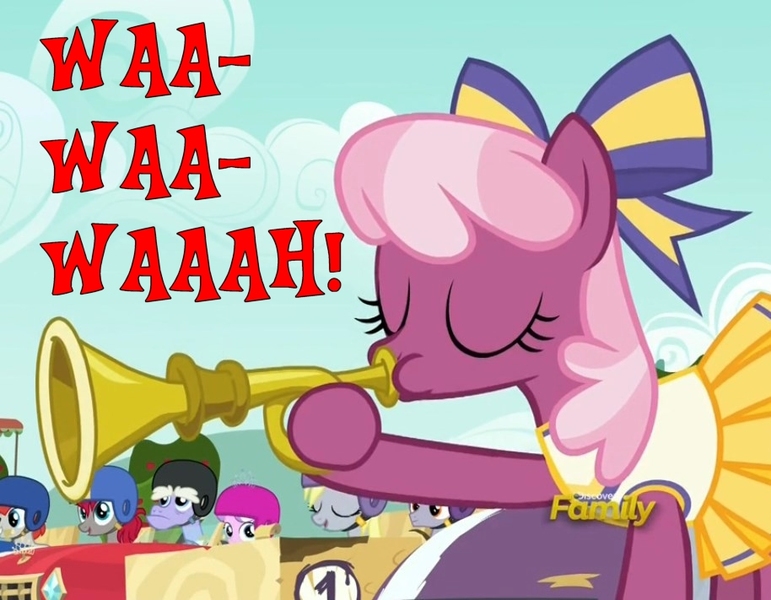 Size: 914x711 | Tagged: cheerilee, crackle pop, crimson skate, derpibooru import, derpy hooves, diamond tiara, discovery family logo, edit, edited screencap, meme, randolph, sad horns, safe, screencap, text, the cart before the ponies, train tracks (character)