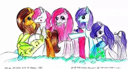 Size: 1024x554 | Tagged: artist:the-pony-project, blossom, blue belle, butterscotch (g1), cotton candy (g1), derpibooru import, g1, minty (g1), original six, safe, snuzzle, traditional art