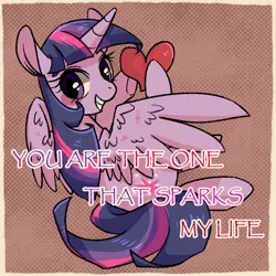 Size: 800x800 | Tagged: safe, artist:phyllismi, derpibooru import, twilight sparkle, twilight sparkle (alicorn), alicorn, pony, blushing, grin, heart, hoof hold, looking at you, looking over shoulder, papyrus (font), smiling, solo, spread wings, text, valentine's day card, wings