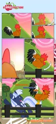 Size: 1919x4225 | Tagged: safe, artist:estories, derpibooru import, oc, oc:silverlay, unofficial characters only, bird, pony, unicorn, comic:a(pple)ffection, absurd resolution, comic, female, fence, mare, rooster, sweet apple acres