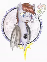 Size: 814x1080 | Tagged: safe, artist:evescintilla, derpibooru import, oc, oc:shadow sky, unofficial characters only, bat pony, pony, beard, ear piercing, earring, facial hair, fangs, hurt (song), jewelry, johnny cash, male, moon, nine inch nails, piercing, smoking, solo, song reference, stallion, traditional art
