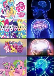 Size: 552x774 | Tagged: safe, derpibooru import, applejack, cheerilee (g3), fluttershy, pinkie pie, rainbow dash, rarity, scootaloo (g3), twilight sparkle, twilight sparkle (alicorn), alicorn, pony, equestria girls, brain, expanding brain, g3, g3.5, head, mane six, mane six opening poses, meme, my little pony logo, newborn cuties, wat