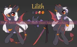 Size: 5000x3032 | Tagged: safe, artist:fensu-san, derpibooru import, oc, oc:lilith (fensu-san), unofficial characters only, bat, demon, demon pony, original species, absurd resolution, adoptable, bat wings, gold, horn, horn ring, katana, reference sheet, ring, solo, sword, weapon, white hair, wings