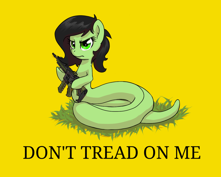 Size: 1280x1024 | Tagged: safe, artist:compound lift, artist:compoundlift, derpibooru import, oc, oc:anonfilly, unofficial characters only, lamia, original species, snake, snake pony, angry, ar15, don't tread on me, female, filly, frown, gadsden flag, glare, grass, gun, hoof hold, looking at you, m4, simple background, snek, solo, species swap, underhoof, weapon, yellow background