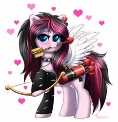 Size: 873x902 | Tagged: safe, artist:confetticakez, derpibooru import, oc, unofficial characters only, earth pony, pony, arrow, bow (weapon), bow and arrow, cupid, fake wings, female, heart, lidded eyes, mare, mouth hold, quiver, raised hoof, simple background, solo, weapon, white background