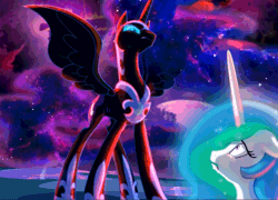 Size: 750x539 | Tagged: safe, artist:equum_amici, artist:light262, artist:lummh, derpibooru import, nightmare moon, princess celestia, alicorn, pony, comic:timey wimey, absurd file size, absurd gif size, animated, cinemagraph, color porn, comic, ethereal mane, gif, magic, open mouth, restrained, trembling