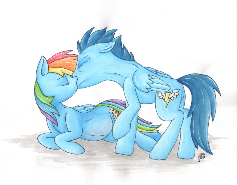 Size: 5871x4581 | Tagged: safe, artist:deadliestvenom, derpibooru import, rainbow dash, soarin', pony, absurd resolution, backwards cutie mark, belly, female, kissing, male, old cutie mark, preggo dash, pregnant, shipping, soarindash, straight