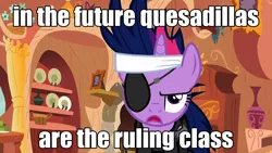 Size: 1280x720 | Tagged: safe, derpibooru import, edit, edited screencap, screencap, twilight sparkle, pony, unicorn, it's about time, caption, eyepatch, female, food, future twilight, image macro, in the future, mare, meme, quesadilla, solo, text, they're just so cheesy, unamused