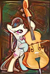 Size: 838x1244 | Tagged: artist:sparkiss-pony, bow (instrument), cello, cello bow, deepdream, derpibooru import, dreamscope, edit, musical instrument, octavia melody, safe, solo