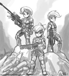 Size: 1000x1100 | Tagged: apple bloom, artist:johnjoseco, ask gaming princess luna, crossover, cutie mark crusaders, derpibooru import, grayscale, halo (series), human, humanized, military, monochrome, no trigger discipline, safe, scootaloo, sweetie belle, this will end in tears