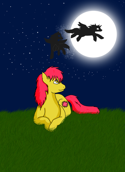 Size: 1700x2337 | Tagged: safe, artist:ayakemono, derpibooru import, brightglow, dazzleglow, patch (g1), alicorn, pegasus, pony, my little pony tales, g1, grass, moon