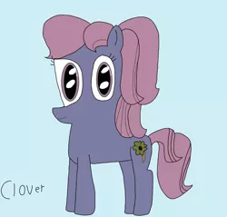 Size: 2028x1936 | Tagged: safe, artist:danishtreats, derpibooru import, clover (g1), earth pony, pony, my little pony tales, blue background, g1, g1 to g4, generation leap, looking at you, simple background, smiling, solo