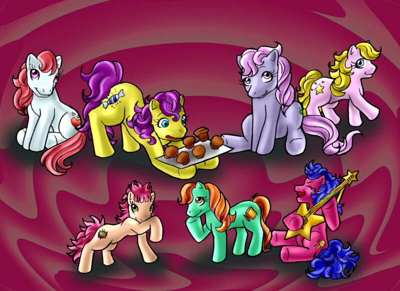 Size: 983x714 | Tagged: artist:lord-evell, baking sheet, bon bon (g1), bright eyes, clover (g1), derpibooru import, food, g1, guitar, hoof hold, melody, muffin, musical instrument, my little pony tales, patch (g1), safe, starlight (g1), sweetheart